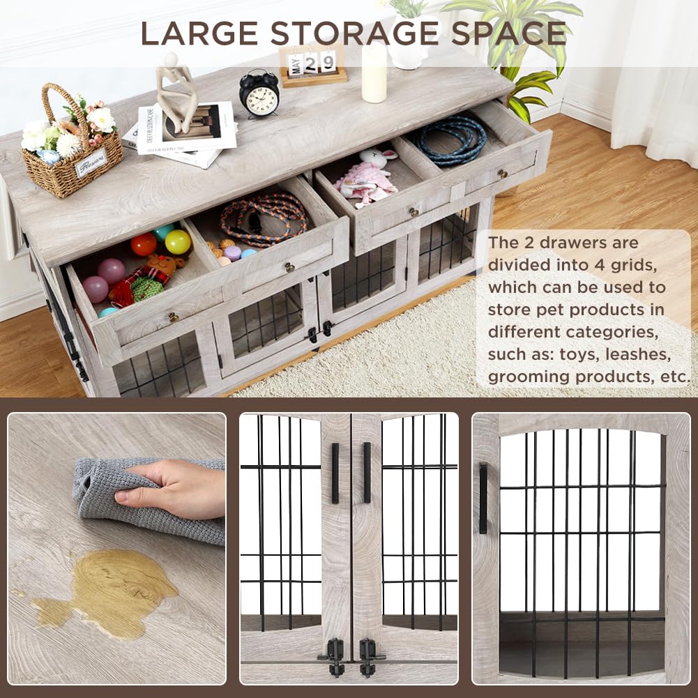 2 Dog Crate Furniture for Large Breeds,Large Dog Kennel Furniture TV Stand,58 Wooden Dog Kennel End Table with Drawers,Double Do